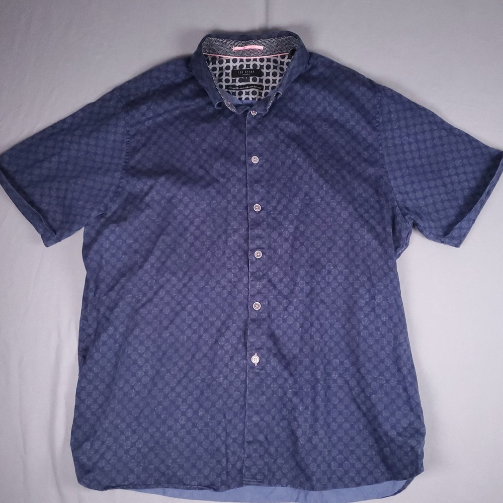 Ted Baker London Shirt Mens Size 7 Navy Blue Short Sleeve Geometric Circle Print